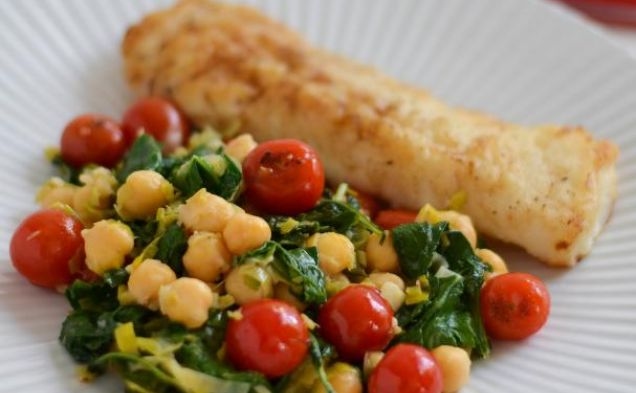 Cod with Chickpeas, Leeks, Baby Kale and Seared Cherry Tomatoeshealthy recipe
