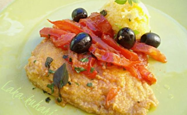 Cod with tomatoes, olives and polentahealthy recipe
