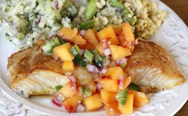 Soy Ginger Glazed Halibut with Ginger Peach Relishhealthy recipe