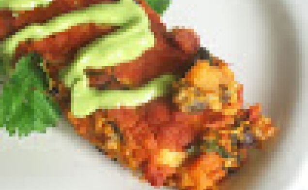 Black Bean and Sweet Potato Enchiladas with Avocado Cream Saucehealthy recipe