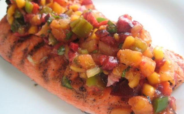 Grilled Salmon With Cherry, Pineapple, Mango Salsahealthy recipe