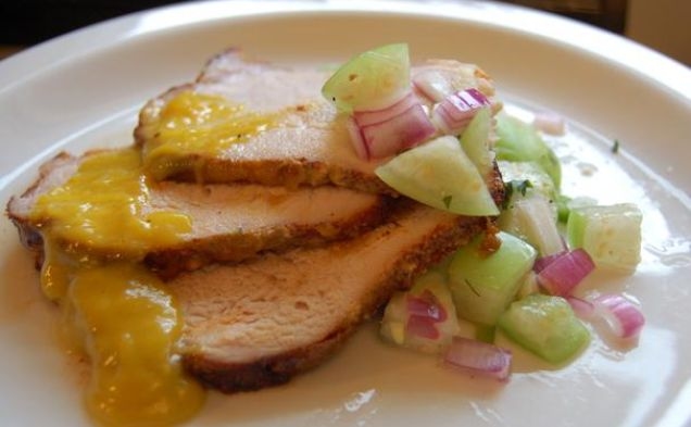 Pork Tenderloin With Mango-Kiwi Glaze Served With Tomatillo Salsahealthy recipe