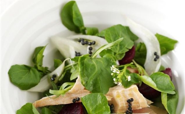 Salmon, Watercress, Fennel and Baby Beetroot Salad With Lemony "Caviar" Dressinghealthy recipe