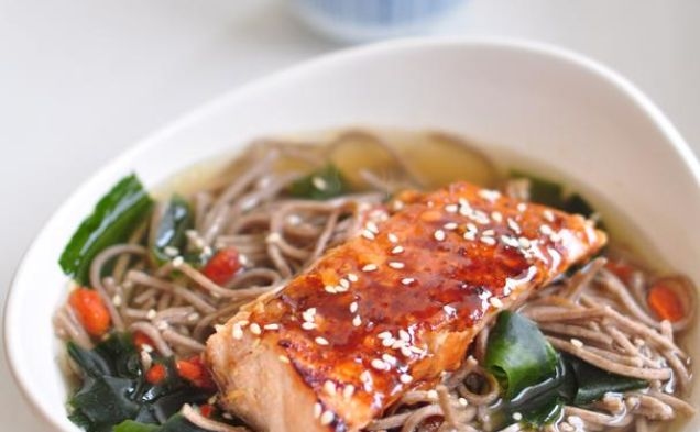 Soba Noodle In Kombu Dashi With Teriyaki Salmonhealthy recipe